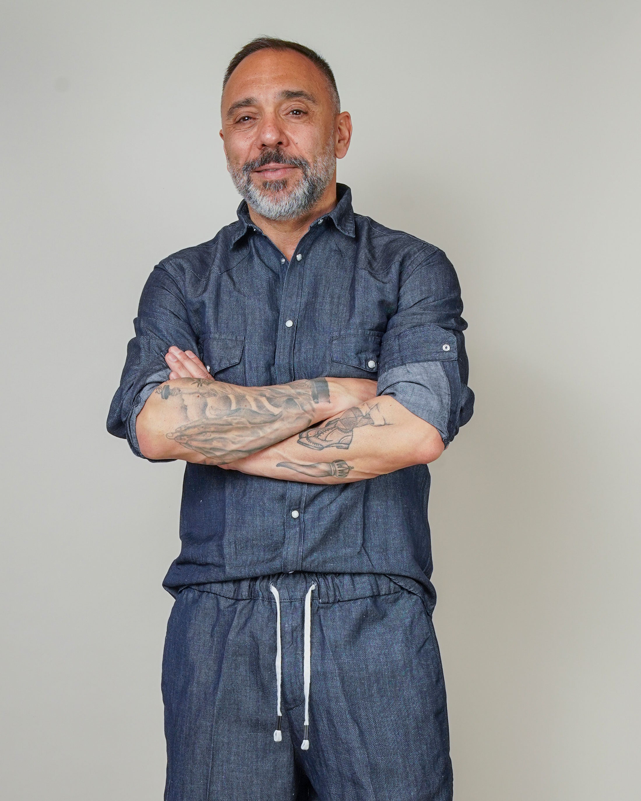 Camicia Inlinum uomo Marck denim scuro MARCK WESTERN SHIRT SS INLINUM 