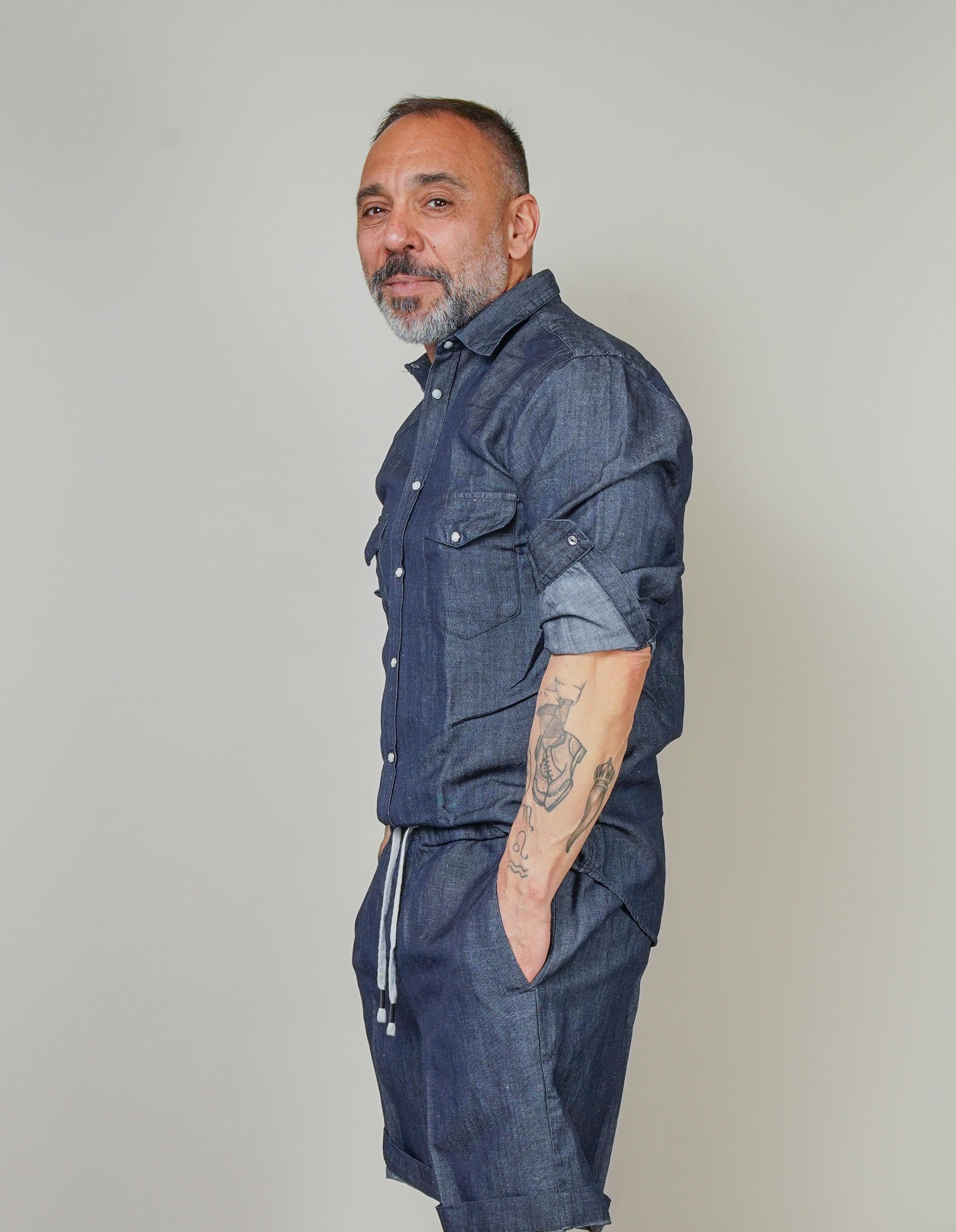 Camicia Inlinum uomo Marck denim scuro MARCK WESTERN SHIRT SS INLINUM 