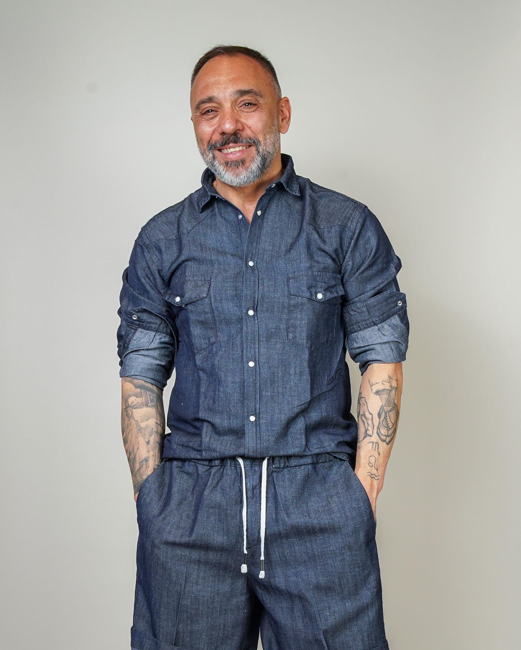 Camicia Inlinum uomo Marck denim scuro MARCK WESTERN SHIRT SS INLINUM 